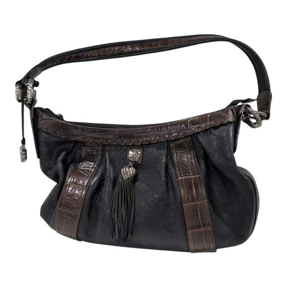 BRIGHTON Large Purse Croc Leather Black Brown Zip Top Bag Tassel Hobo - Picture 3 of 6